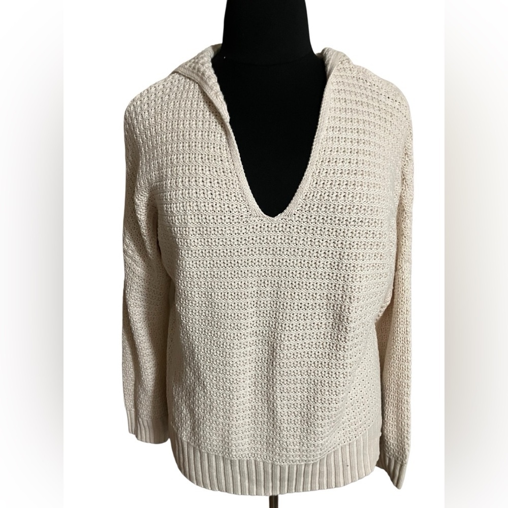 Rachel Zoe Preppy‎ Knit Popover Hoodie Sweater Ivory Cotton Blend Women’s Large